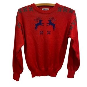 Vintage Meister Red and Blue Wool Blend Ski Sweater Reindeer Fair Isle Kids XL